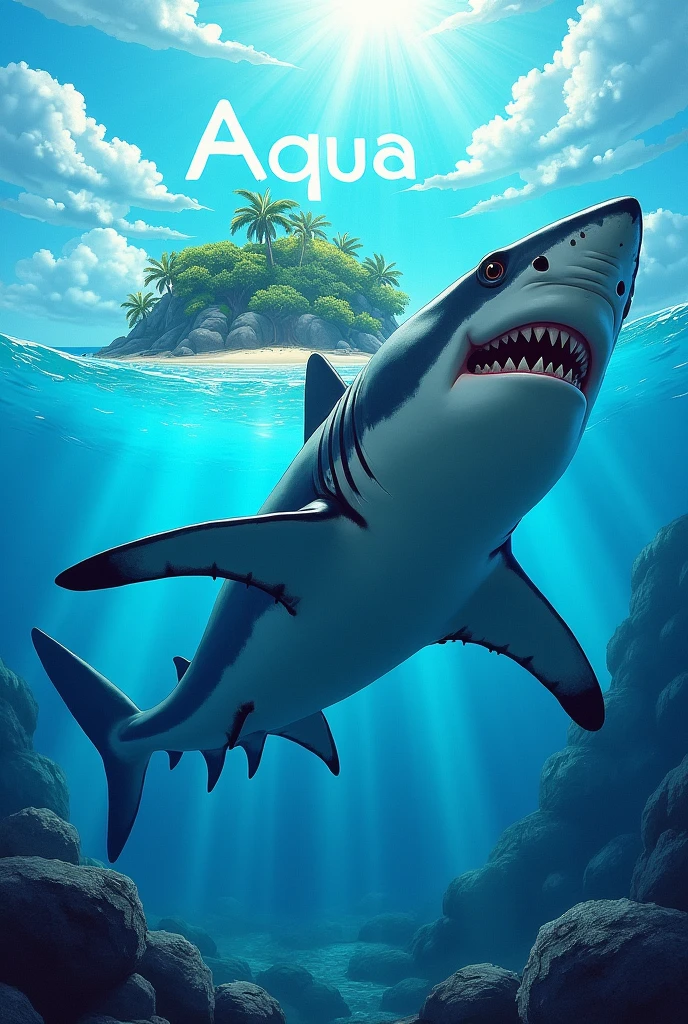 Fait moi une image qui rentre entièrement dans un photo de profil discord avec l'océan et un requin et un île avec marqué Aqua comme si s'était dessinée