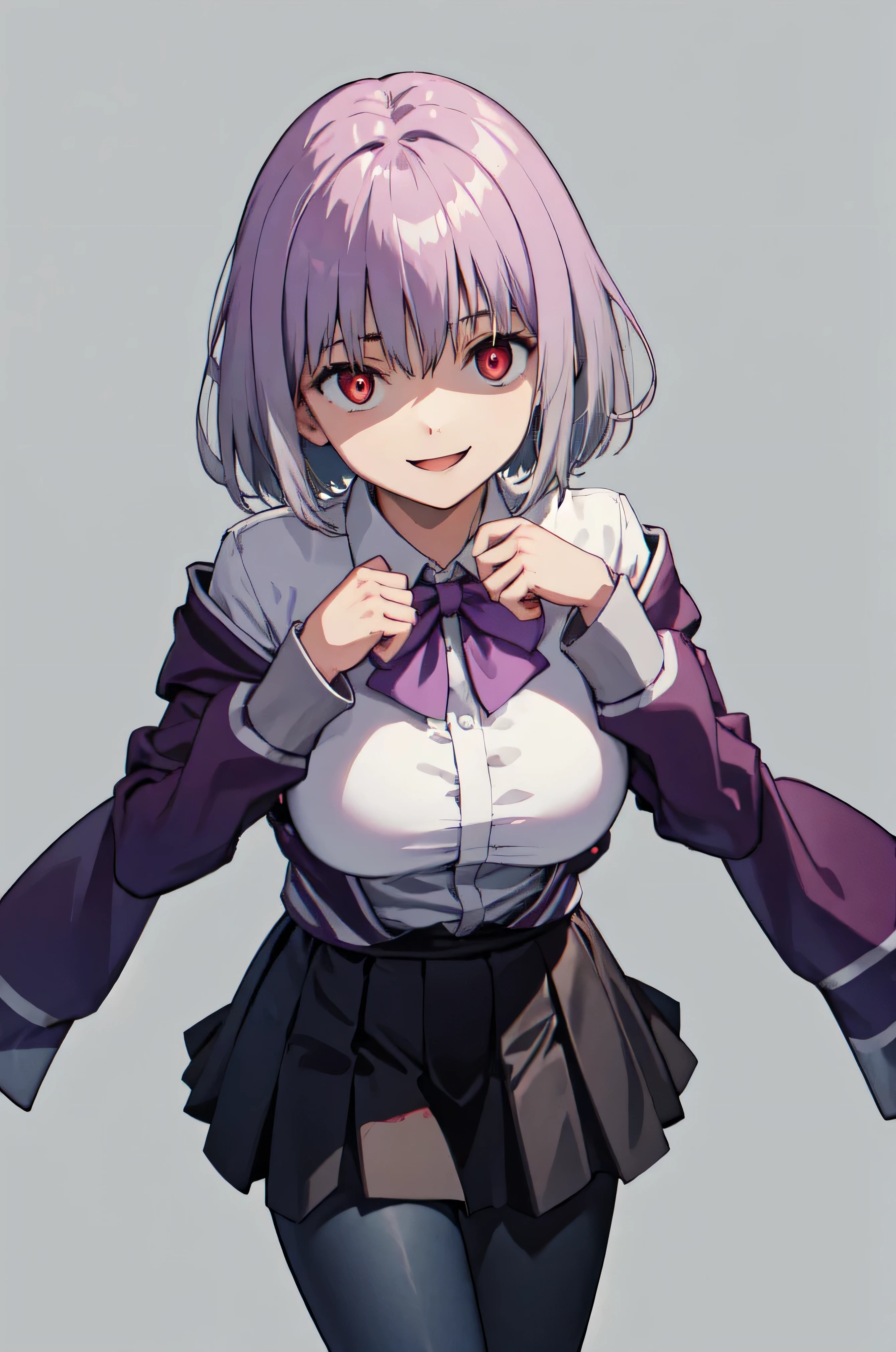 male, short hair, Red eyes, Large Breasts, Purple bow tie, Collared shirt, White shirt, Purple Jacket, Partially defrosted, Long sleeve, Sleeves are longer than the wrist, Pleated skirt, Black Skirt, pantyhose, smile, Waist clothes, night, dark, room, Shine, Backlight, Open your mouth, Leaning forward, , View your viewers, Hollow Eyes, masterpiece, Highest quality, High resolution, Nice hands, Perfect hands, Cowboy Shot,Too evil smile,smile the worst,Looking down at the viewer,Smile at its worst,Devilish Laugh,Dark shadowed face,Smile face,big monster ,Dark purple background,both hands,Five Fingers,Two legs,, Dark shadowed face,A sadistic smile,Malice,Contempt,smile,both hands,Two legs,Five Fingers,solo,Decorated with skulls. background, A mountain of skulls beneath