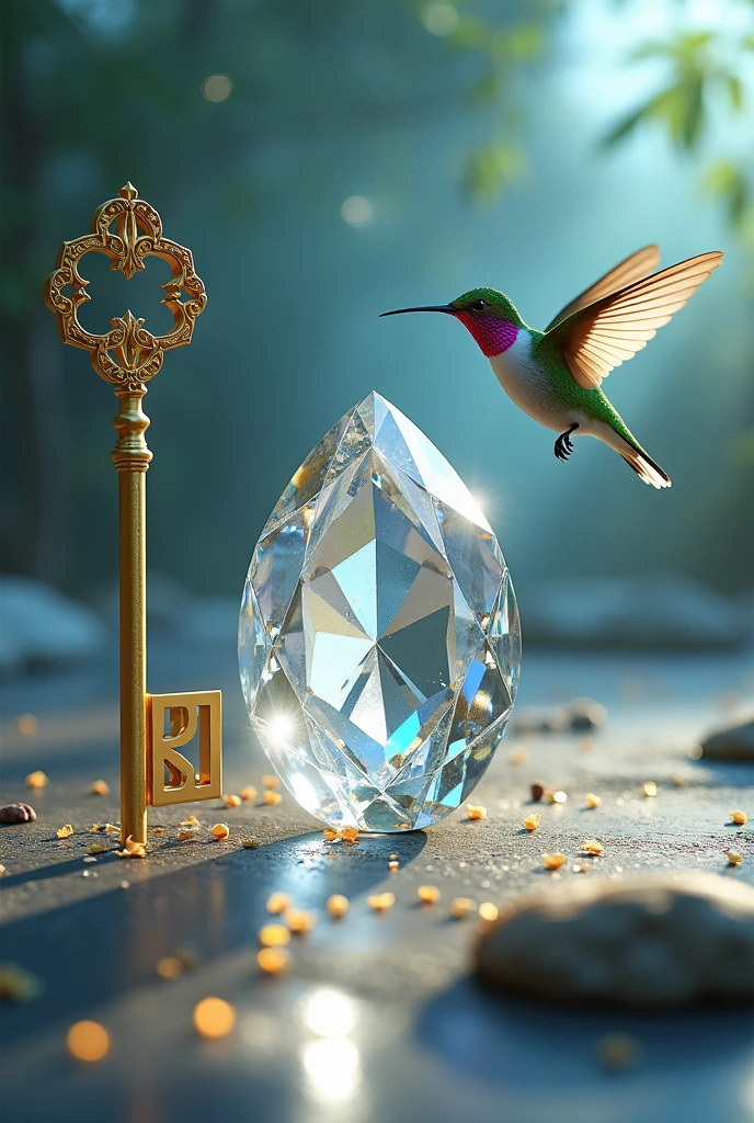 Image of a diamond stone standing out well, a golden key in a vertical position on the left side and a hummingbird on the right side