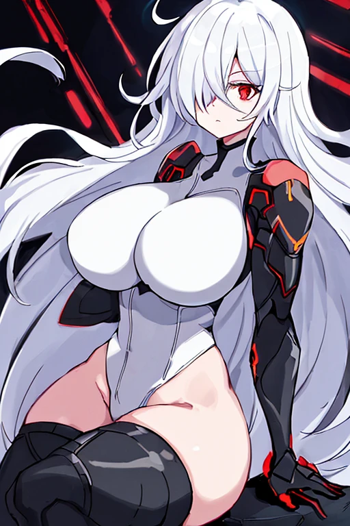 1girl, white hair, leotard, futuristic, bodysuit, thick thighs, wide hips, large breasts, breasts, long hair, red eyes, one eye covered, serious, hair over one eye, science-fiction, thigh strap, sleeveless, black leotard, black gloves, 2d, anime style, anime screencap, hourglass figure, toned
