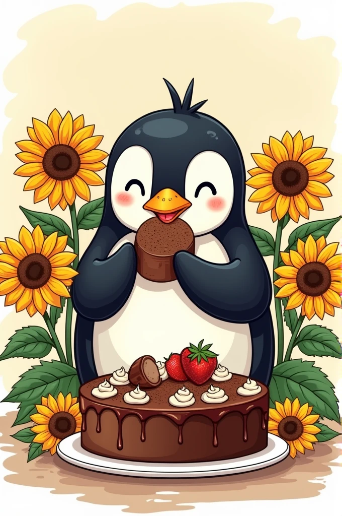 Can you make me a coloring template of a penguin with a chocolate cake with some sunflowers?