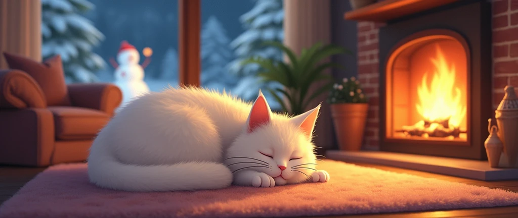 A cat sleeps by the fireplace in a warm home, Cozy, Anime ,Lofi ,Ultrawide , Studio Ghibli Inspired ,vibes ,Wide view ,Outside the window there is a snowman.