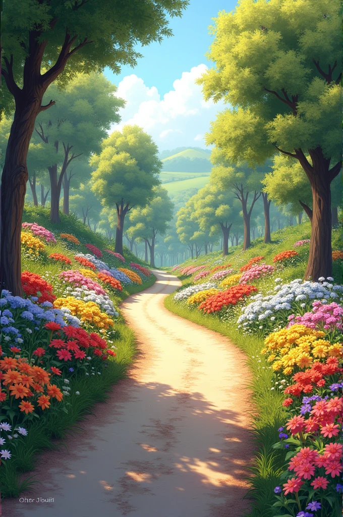 A beautiful road the road is left to right sight and it's around beautiful flowers 