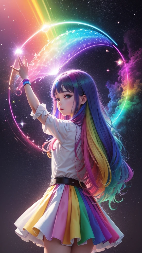 Shining in rainbow colors、((Better Quality)), ((artwork)), (be familiar with), Abstract magic rain, universe , performer, music, wallpaper, 4K Ultra Real、16K, Ultra-high resolution, Ultra-high resolution, to be born,wonderful ,future、Iridescent、The world 30 years from now