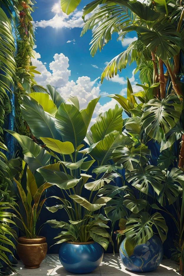 Ultra realistic scene, parallel world, otherworldly tropical plant like god, cult, tropical flowers, unusual art, unique art, summer blue sky background, sunlight, bright sunlight, blender, product rendering, HD 8K. 
