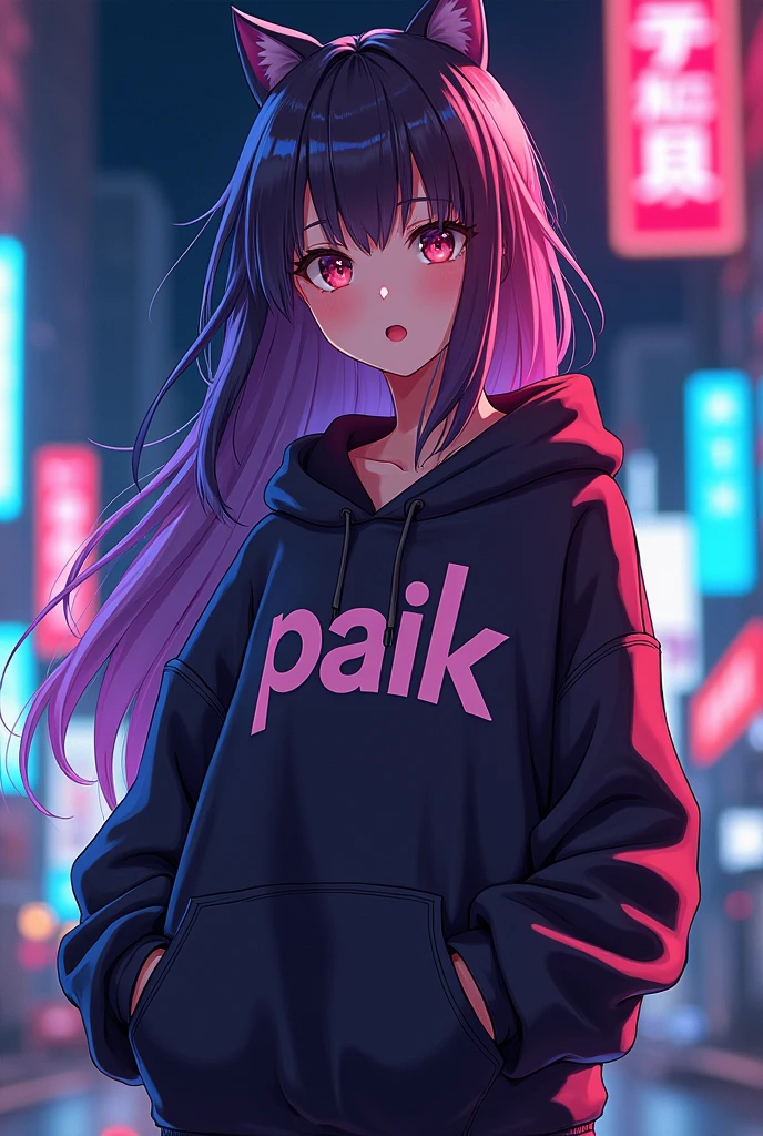 Create anime character;
{background: capital HD text: “GLBK” in right-top, night}, tanned skin,
realistic, HDR, beautiful, japan style, full body size, age 20, hoodie HD text: “Paik”, female, color Gradient hair, long hair