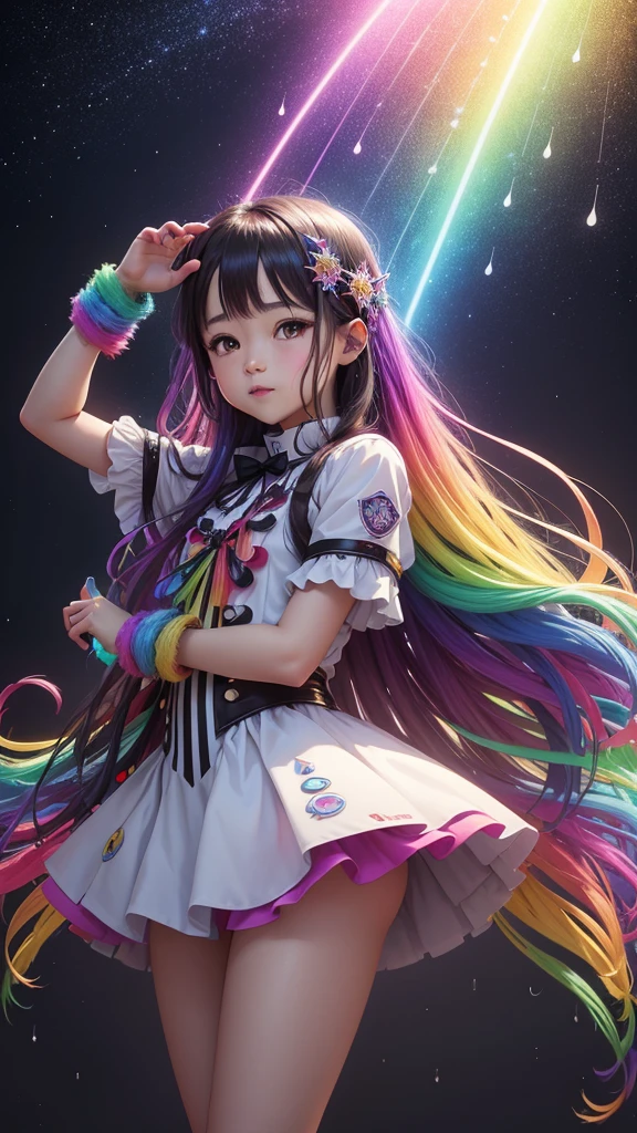 Shining in rainbow colors、((Better Quality)), ((artwork)), (be familiar with), Abstract magic rain, universe , performer, music, wallpaper, 4K Ultra Real、16K, Ultra-high resolution, Ultra-high resolution, to be born,wonderful ,future、Iridescent、The world 30 years from now
