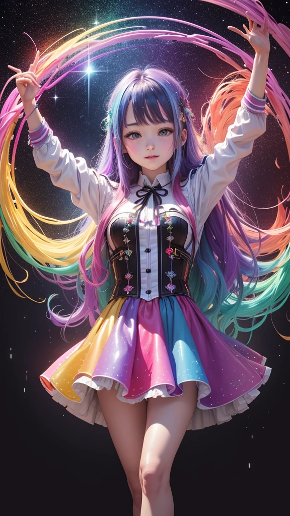 Shining in rainbow colors、((Better Quality)), ((artwork)), (be familiar with), Abstract magic rain, universe , performer, music, wallpaper, 4K Ultra Real、16K, Ultra-high resolution, Ultra-high resolution, to be born,wonderful ,future、Iridescent、The world 30 years from now