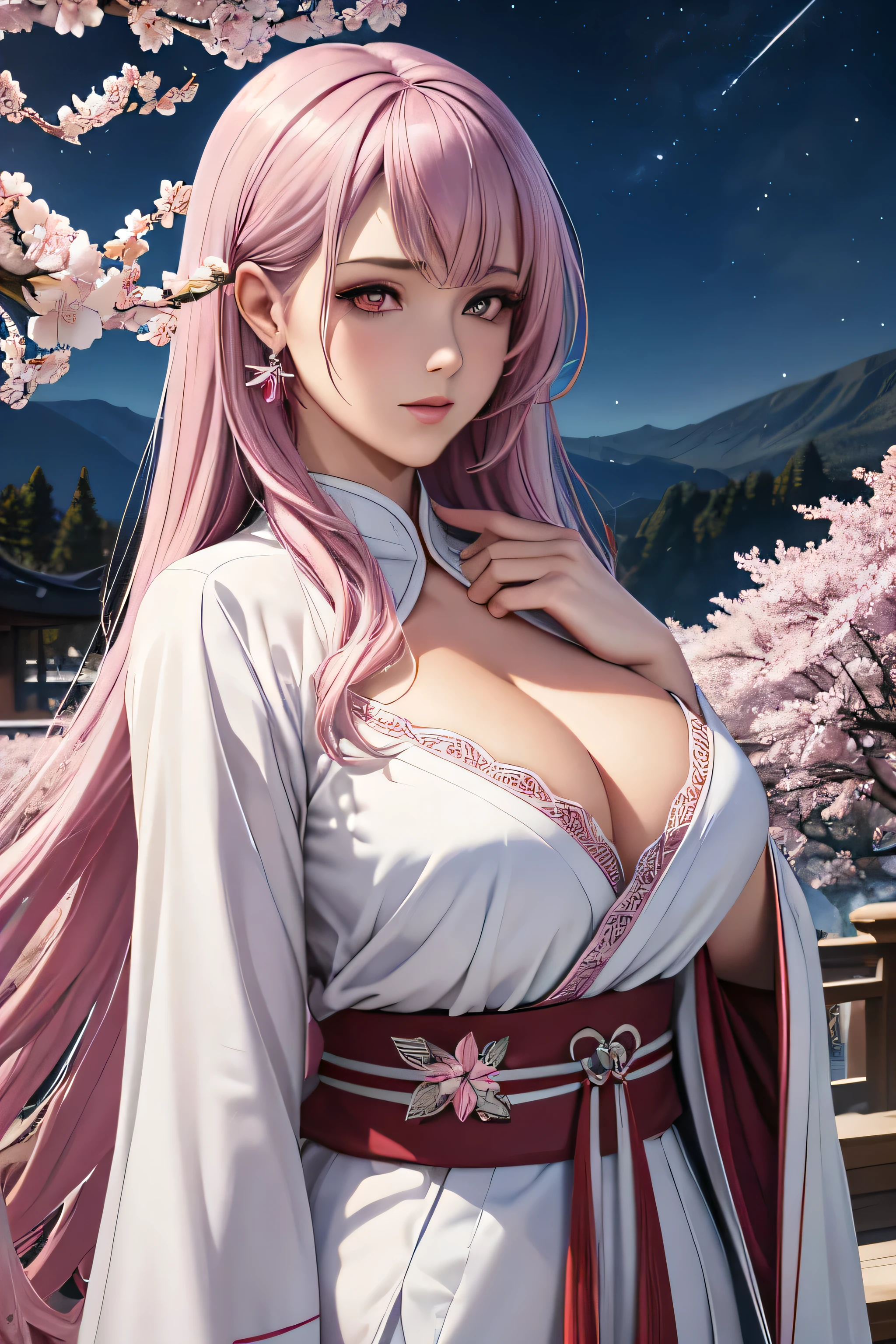 Red eyes, (top quality, masterpiece painting:1.3), Immature woman, , (half body shot), masterpiece, ultra high resolution, (photorealistic:1.0), world purple hair,straight hair, beautiful shiny hair, white and glowing skin, ((Ultra realistic details)), Octane rendering, very detailed face, (big breasts:0.8), (make a heart with your hands),((Translucent white robe), (pink robe with feathers,Stratification), Embroidery pattern "White cherry blossom", silver earrings,(Milky Way), Hair flutters in the wind, Japanese garden with beautiful cherry blossoms at night, Mysterious Night Sky, Beautiful landscapes, Sharp Focus, complex parts, professional artwork, (bright colors:1.1), bright colors, diffused worlding, Digital Blending, Ultra-thin body, ultra detailed hair, super detailed face, What'This'this is trending on pixiv, The top button is open, Sweet look, compensate, perfect lips, perfect compensate, Ultra-precise coating, (world_smile:0.8), (very embarrassed:1.2), redden the nose,