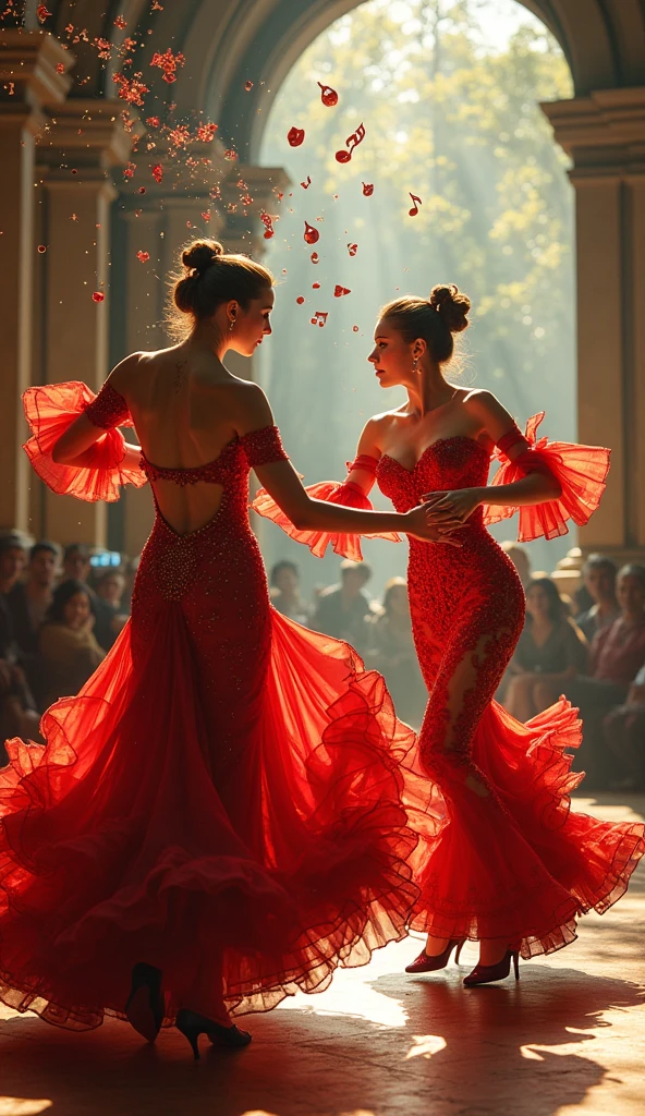 Fantastical hot flamenco dancers, incredible dance floor, stunning clothing amazes, vivid style, awesome skin, great notes are flying wildly above the dancers