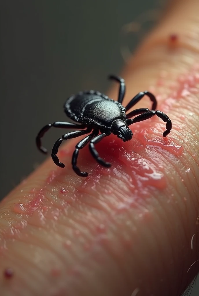 Tick on a Mammal:** Show a tick attached to the skin of a mammal (like a dog or deer). You could depict the tick drawing blood, and the mammal showing signs of discomfort or irritation.