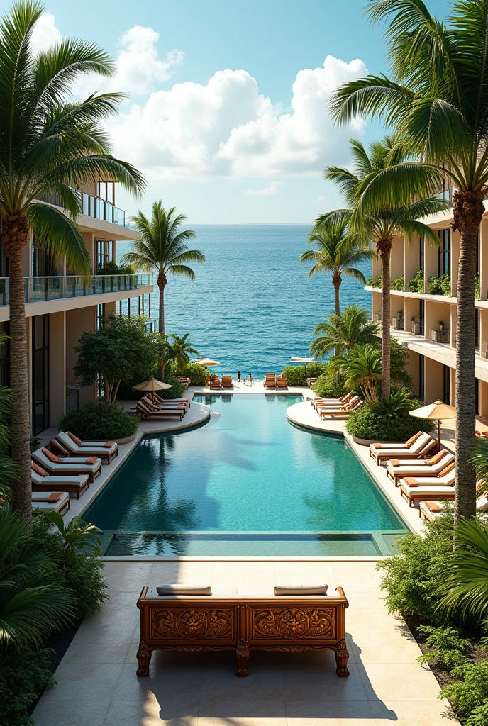 "Design a luxurious bench in front resort nestled between tropical palm trees and lush gardens. The main building should have a modern, open-air concept with large glass windows and natural wood accents. Include multiple infinity pools overlooking the ocean, with sun loungers and shaded cabanas around them. The resort should have a mix of private villas and hotel suites, each with its own balcony or terrace offering ocean views. Incorporate outdoor dining areas, a beach bar, and a spa with a tranquil water feature. The landscape should have winding paths, exotic plants, and ambient lighting for a serene, inviting atmosphere."