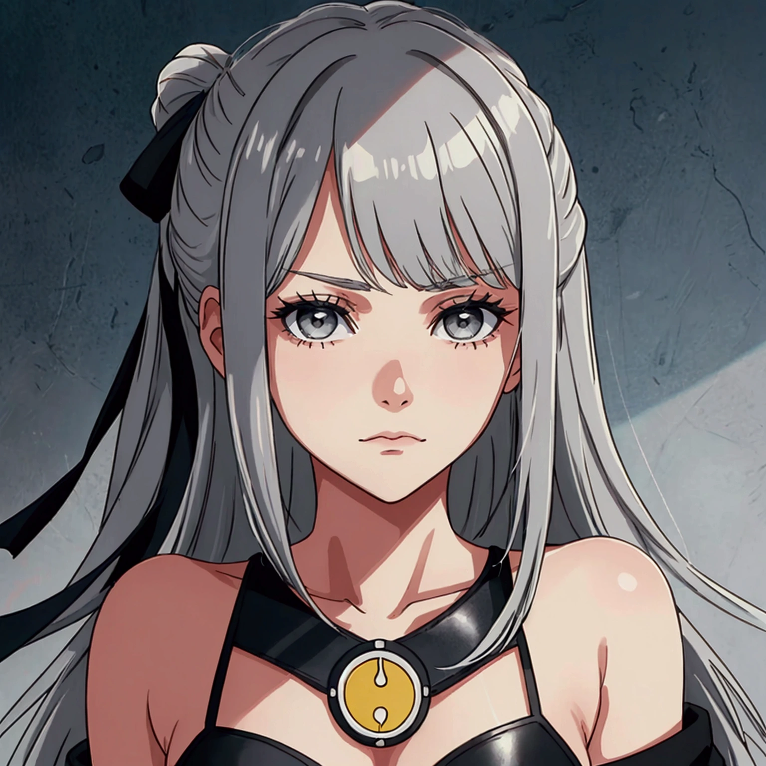 a grey haired girl  , poker face , has a vollyeball, looking to the side 