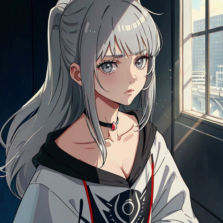 a grey haired girl  , poker face , has a vollyeball, looking to the side 