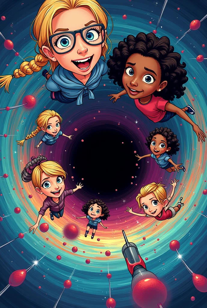 a book cover with the title &#39;&#39;slime the theory&#39;&#39; in Portuguese, with colorful and creative drawings of two blonde girls aged 12 and 8, a  Japanese girl with 3D glasses, a 1 black girl with full curly hair and a blond girl with wind glasses and a scarf falling into a colorful black hole . with the name of the author Vitor Reis and subtitle discover this adventure on the cover