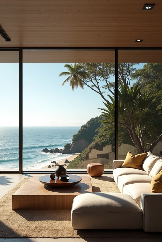 Interior design , contemporary living room on the Brazilian coast , ultra realisitic , 4K , High-resolution rendering 