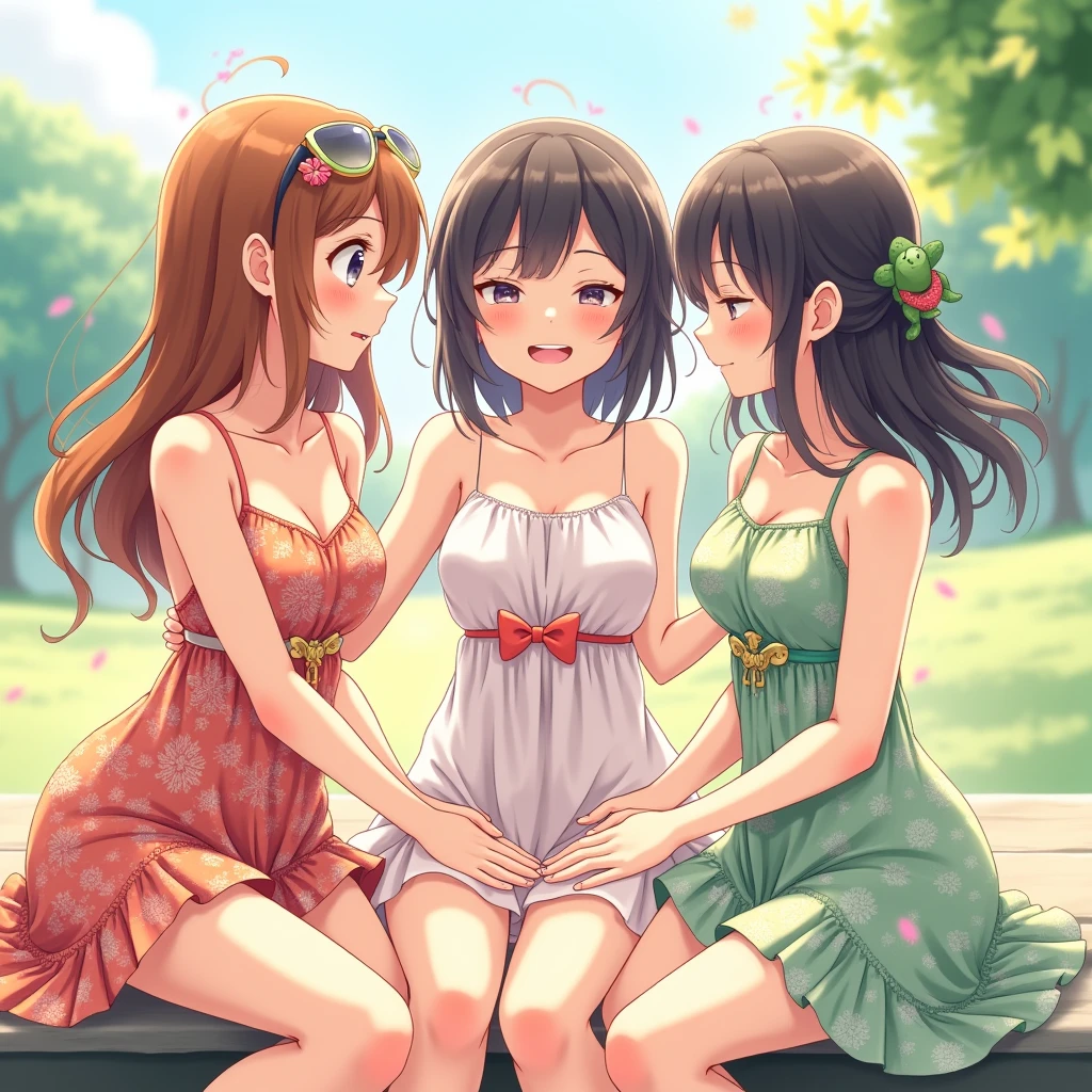 three anime women in sundresses showing each others their armpits