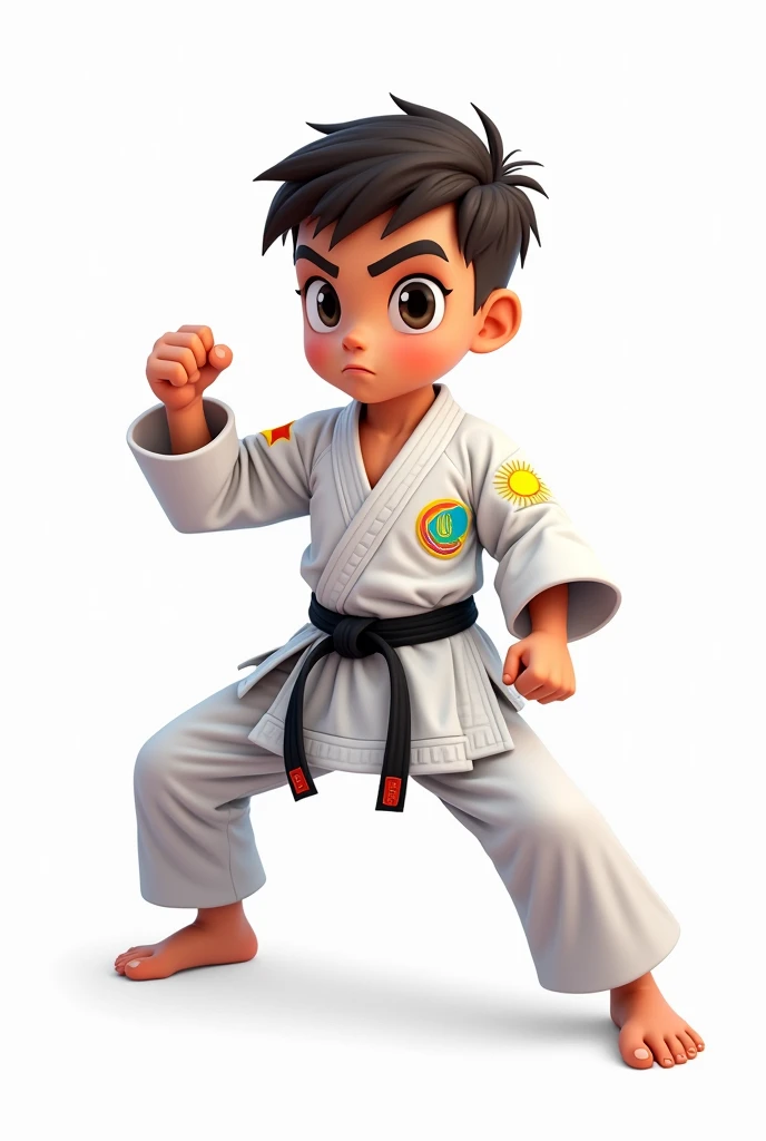 ((officially)) ((masterpiece)) ((Best quality)) ((detailed)) cartoon boy karateka in uniform with emblem flag of Kazakhstan in fighting stance on white background