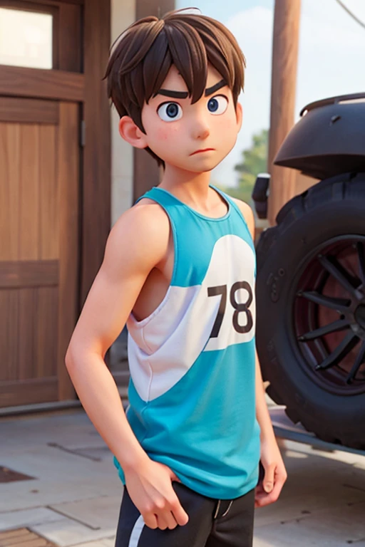 9age、male、Large head、Tank top、