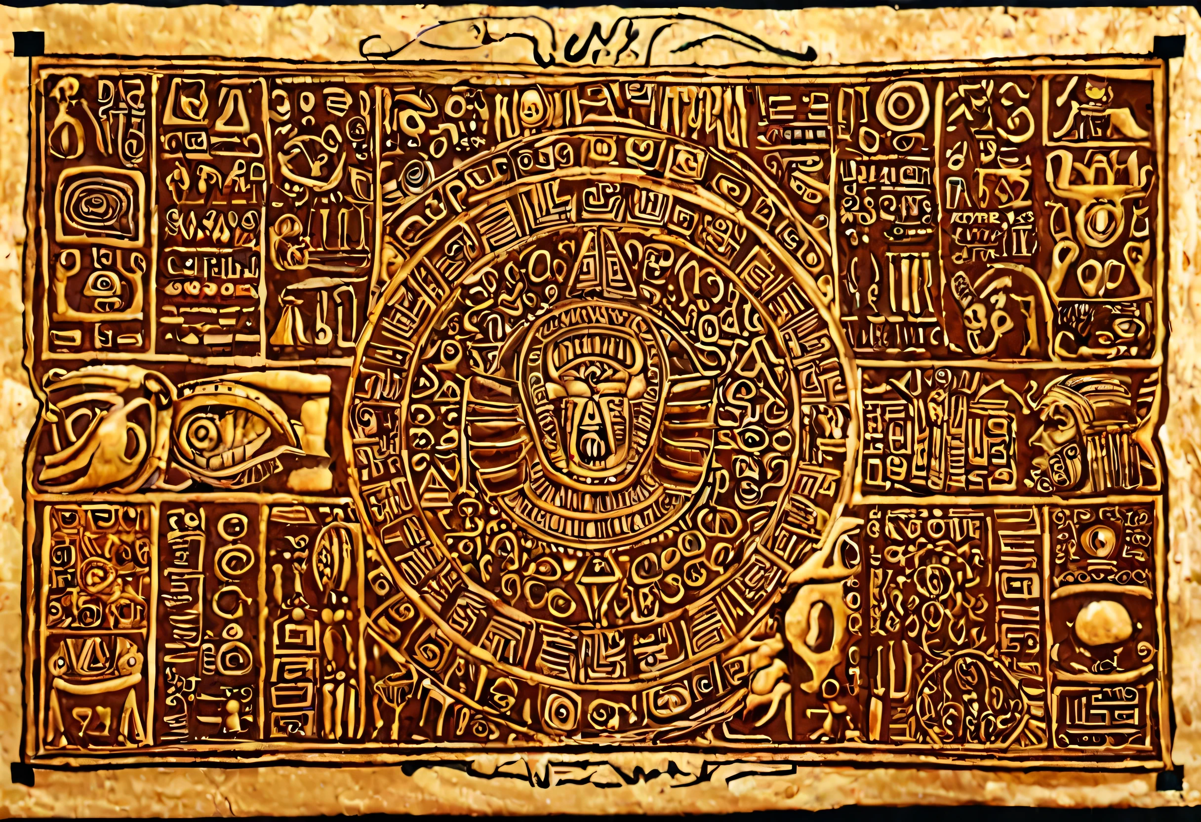 With black and gold pattern、Many symbols are used, Digital rendering by Bob Singer, deviant art, art deco, Ancient images of tribes, mayan style, artistic Tribal pattern, Infinite Waves of Hieroglyphics, Aztec iconography, Alien Glyphs, Tribal pattern, mayan, Hieroglyphics, Hieroglyphics, Add Inkla Symbol
