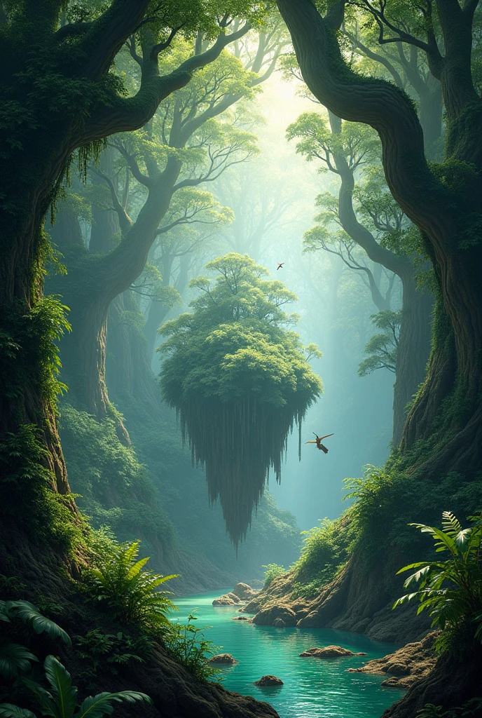 Heart of the jungle with island and big trees and birds
