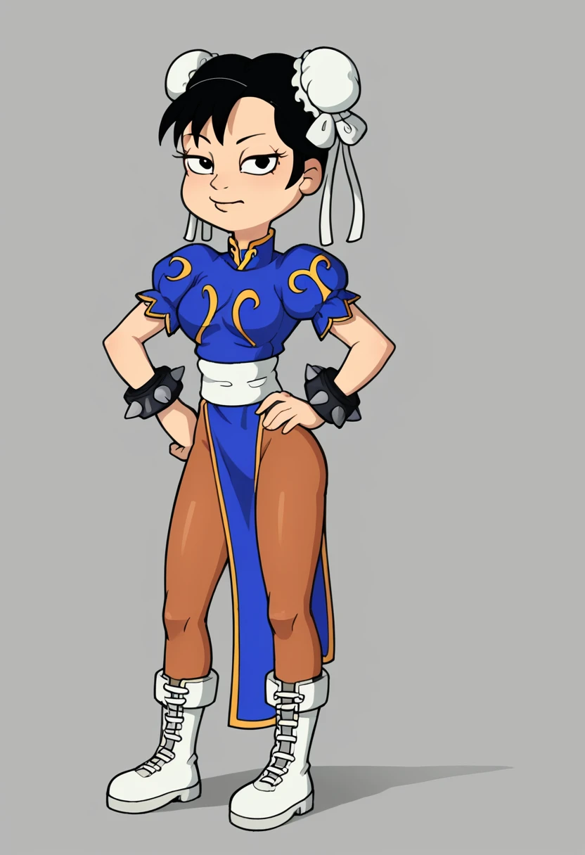 akiko, 1girl, chun-li, solo, pantyhose, bun cover, double bun, spiked bracelet, hair bun, china dress, pelvic curtain, chinese clothes, bracelet, jewelry, spikes, dress, boots, black hair, puffy sleeves, puffy short sleeves, sash, white footwear, short sleeves, short hair, score_9, score_8_up, score_7_up, score_6_up, score_5_up, score_4_up, looking at viewer, simple background, hand on own hip,