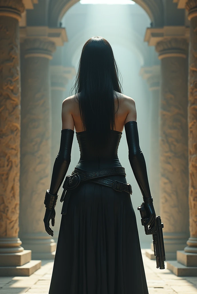 create image of woman from behind in a temple with black hair, white with a black war outfit and an alien pistol