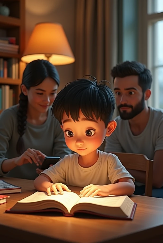 Create a image where a small boy is pertaining to read infront of this parents but he is playing game on mobile where the book is infront of him