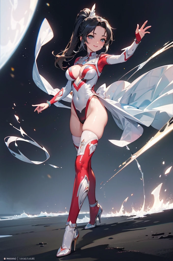 ((((High resolution, Intricate details, masterpiece, 8k, from front)))), (((beautiful, Ultraman, Wearing a shiny suit, Do not expose skin, Stiletto heels))), ((In the town, One Woman, smile, Red cheeks, Big Breasts, Large Breasts, Huge Saggy Tits)), (Black Hair, Beautiful forehead, Long Hair, ponytail, Big ribbon, Glowing Skin), from front, looking at viewer, look at viewer, pub, bright,