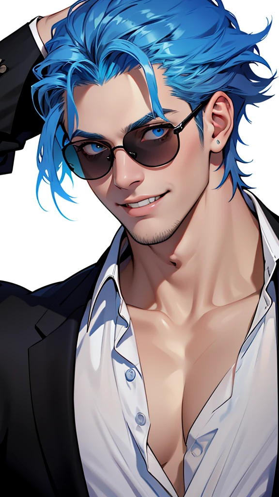 alone、Black suit、He wore a white open shirt that showed his collarbone.、Smooth blue hair that reaches down to her back、Eyes showing through sunglasses、Handsome man holding candy and looking at camera while smiling、Hair up to the neck、Gradient Background