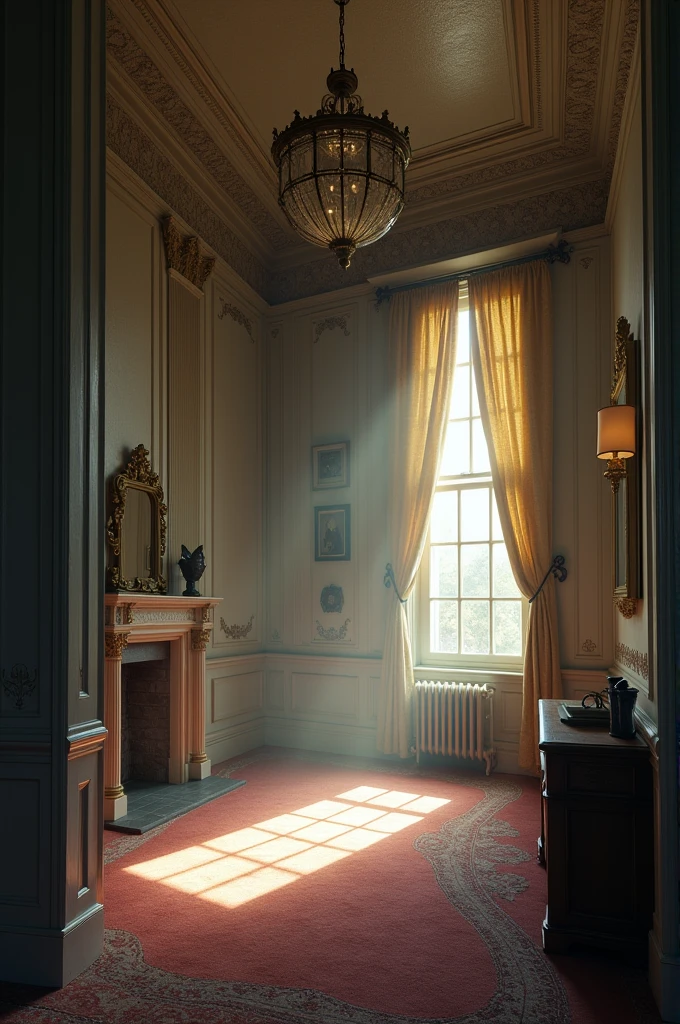 A calm and peaceful atmosphere in an old mansion, with soft light and a sense of tranquility.”