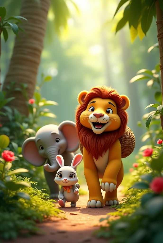 In 3d animation style"The three friends are happily walking through the lush green jungle, with the lion leading, the elephant following with the basket, and the rabbit hopping alongside"