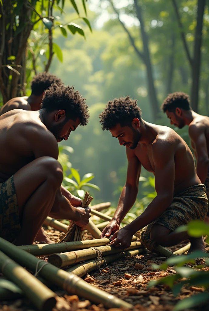 Photorealism 1.4 realistic realism high detailed definition Malaysia native aboriginal orang asli adult men building hut from bamboo one man cut tree one man tied bamboo at jungle sunlight silhouette morning mode dark skin curly very short hair