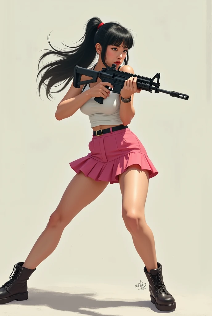beautiful sweet chinese pink mini skirt standing legs spread hip shoulder firing rifle gun toting force grip aiming side target