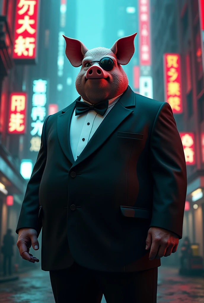 Rich man with scary pig head with eye patch wear tuxedo, big boss vibes, fat body, with cyberpunk city background, cinematic, realistic, high details, journey to the West, humanoid, main villain, realistic, depressed