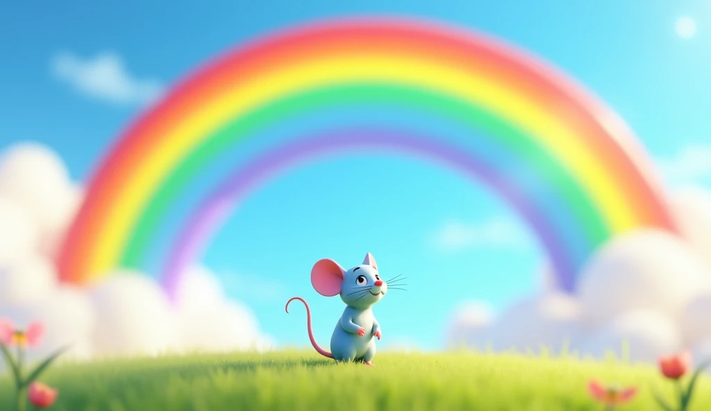 A beautiful 3D animated scene showing a large, vibrant rainbow spanning across the sky. Fiby, the small light blue mouse with pink details, is standing in awe underneath the rainbow, gazing up at the colorful arch. The rainbow’s colors—red, orange, yellow, green, blue, indigo, and violet—are bright and vivid, creating a stunning contrast with the clear blue sky. Pixar-Disney style, DIGITAL ART.
