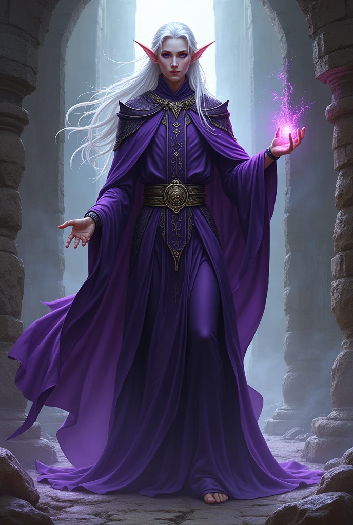 He is a character for a game of dungeons and dragons. He is a tall elf of medium height., white hair and violet eyes is of necromancer class and has purple silk clothes 