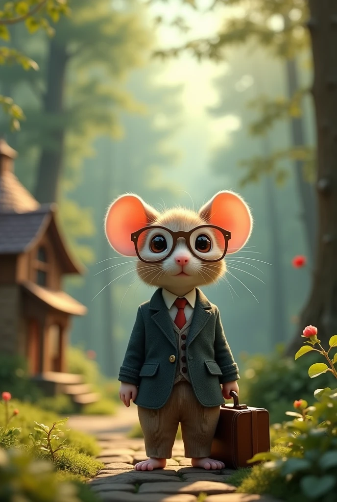 I want a picture of a cutest mouse wearing suit pants with round glasses,carrying a small suitcase,in enchanting forest infront of him cute home