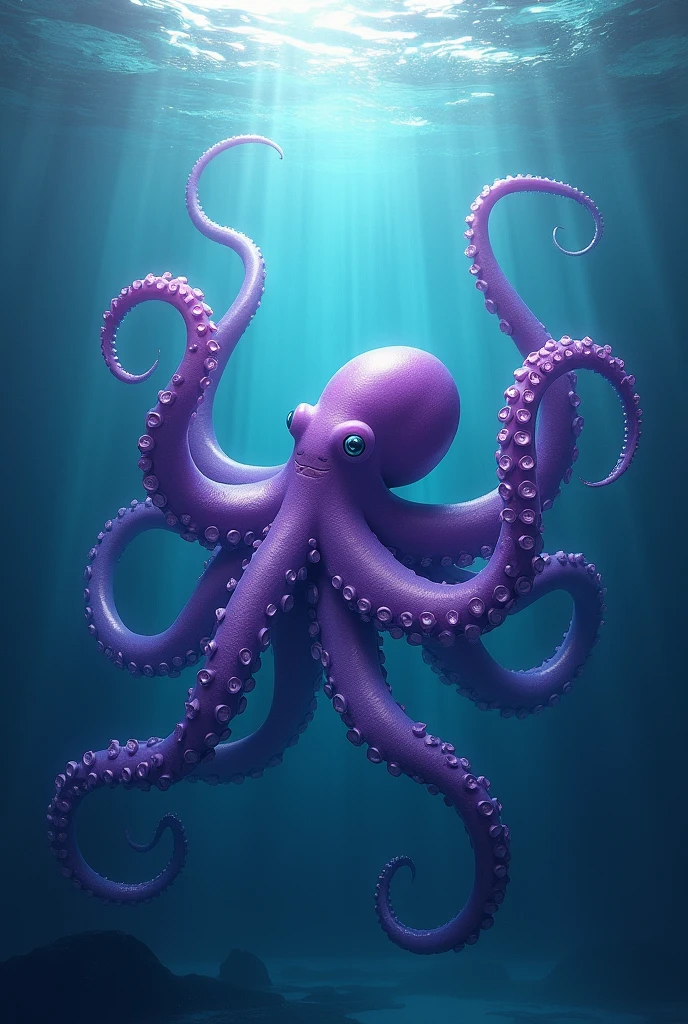 purple octopus, lying under water and raising its tentacles above the surface of the water