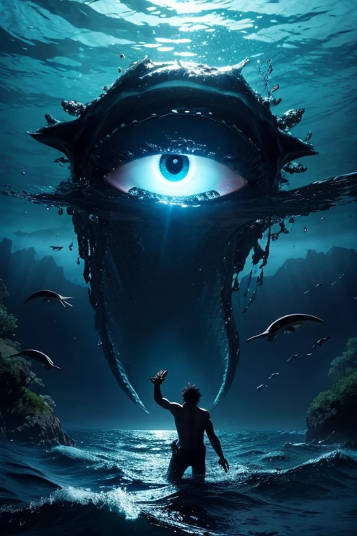 sea monster、A black shadow with sparkling eyes emerged from the sea.、Giant shadow、