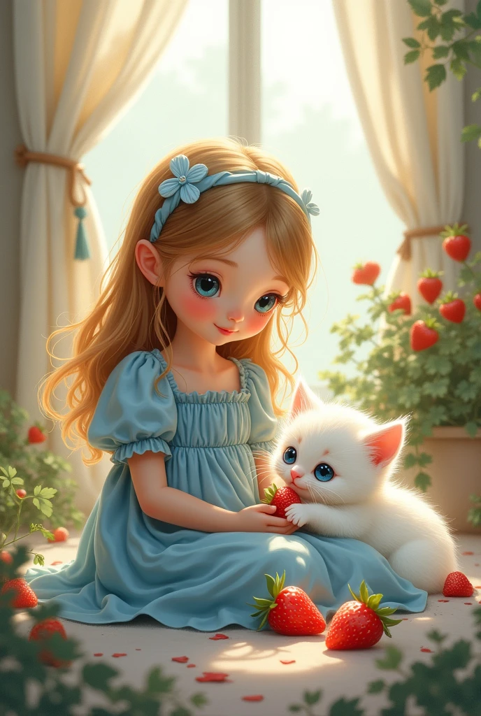 A girl with blue eyes in blue frock and a little white kitten with blue eyes eating strawberry in the room ai images