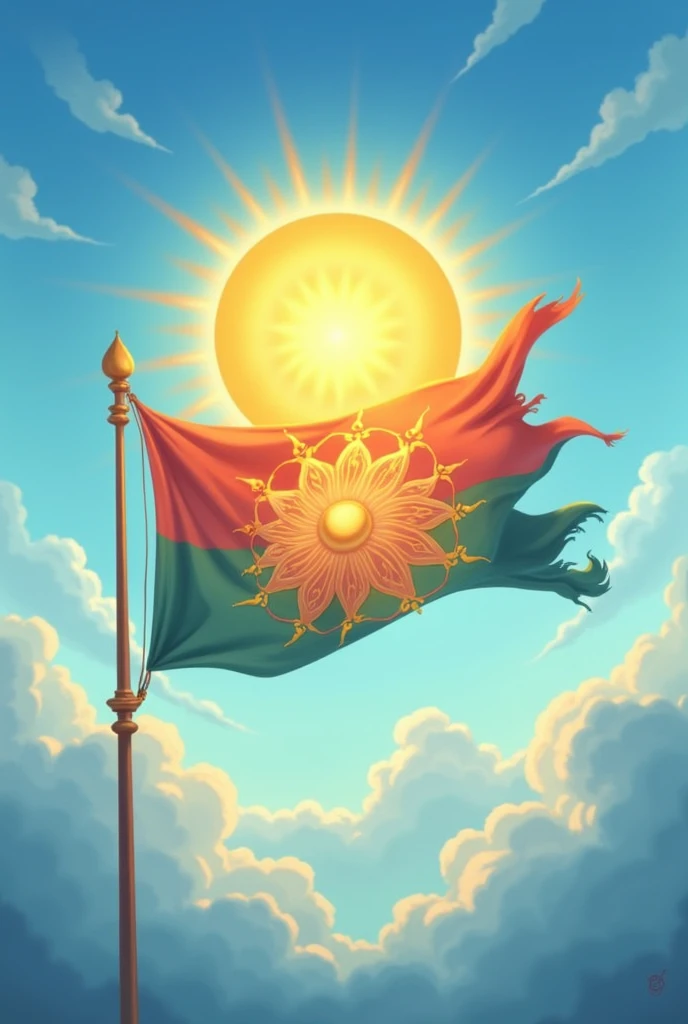 A sun and a flower on a flag