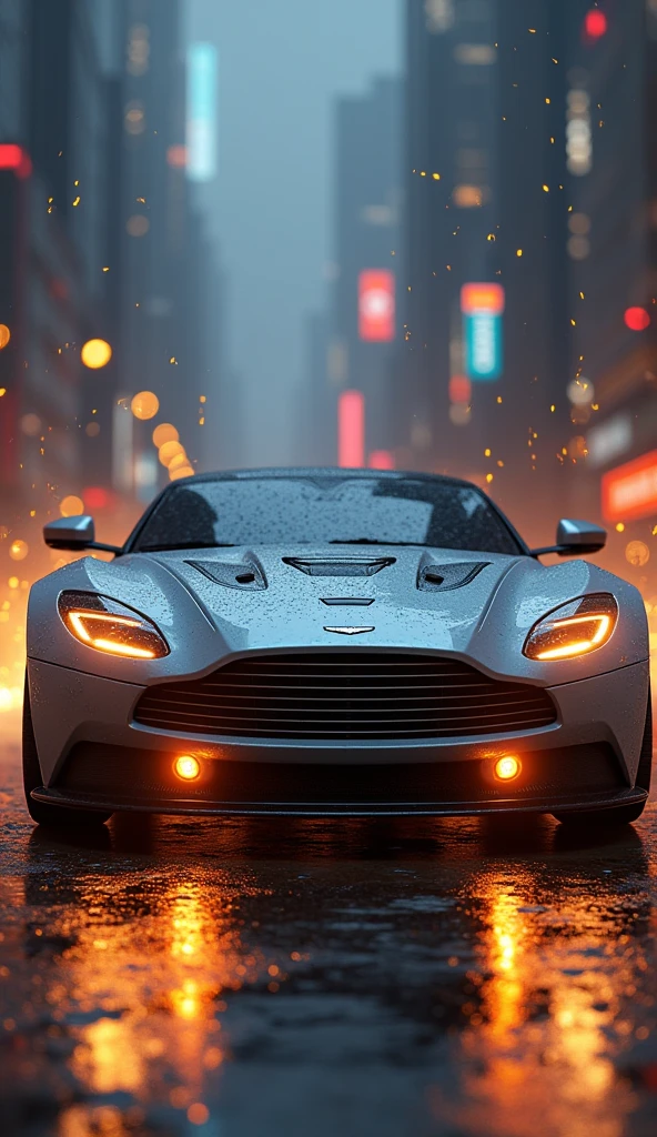 Aston Martin, Mecca chariot,Sports cars,the night,Back with a large amount of energy short barrels,Face the camera,Buildings,Energy cannon fire,Tall and mighty,strong armor,future-tech,Sharp lines,Dynamic styling,Mechanical blazing, Duties and explosives, energy, Weapons,(rendering by octane:1.4),best qualtiy,(Highly realistic),(Ultra-detailed details:1.5),C4D,movie-level quality,Machinary