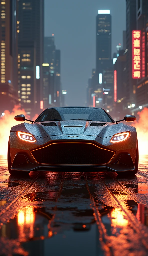 Aston Martin, Mecca chariot,Sports cars,the night,Back with a large amount of energy short barrels,Face the camera,Buildings,Energy cannon fire,Tall and mighty,strong armor,future-tech,Sharp lines,Dynamic styling,Mechanical blazing, Duties and explosives, energy, Weapons,(rendering by octane:1.4),best qualtiy,(Highly realistic),(Ultra-detailed details:1.5),C4D,movie-level quality,Machinary