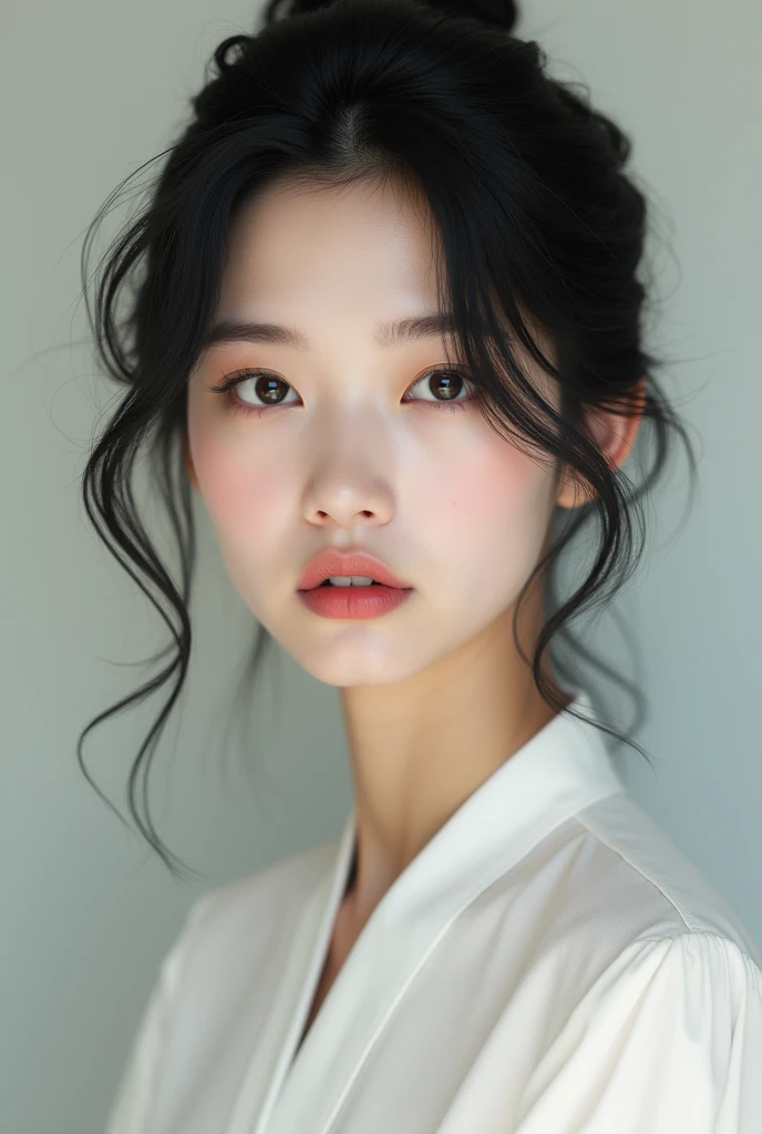 A beautiful Caucasian woman, black and voluminous hair, white-skinned, wearing a set of white clothes, with a slightly youthful face, in her early 20s
