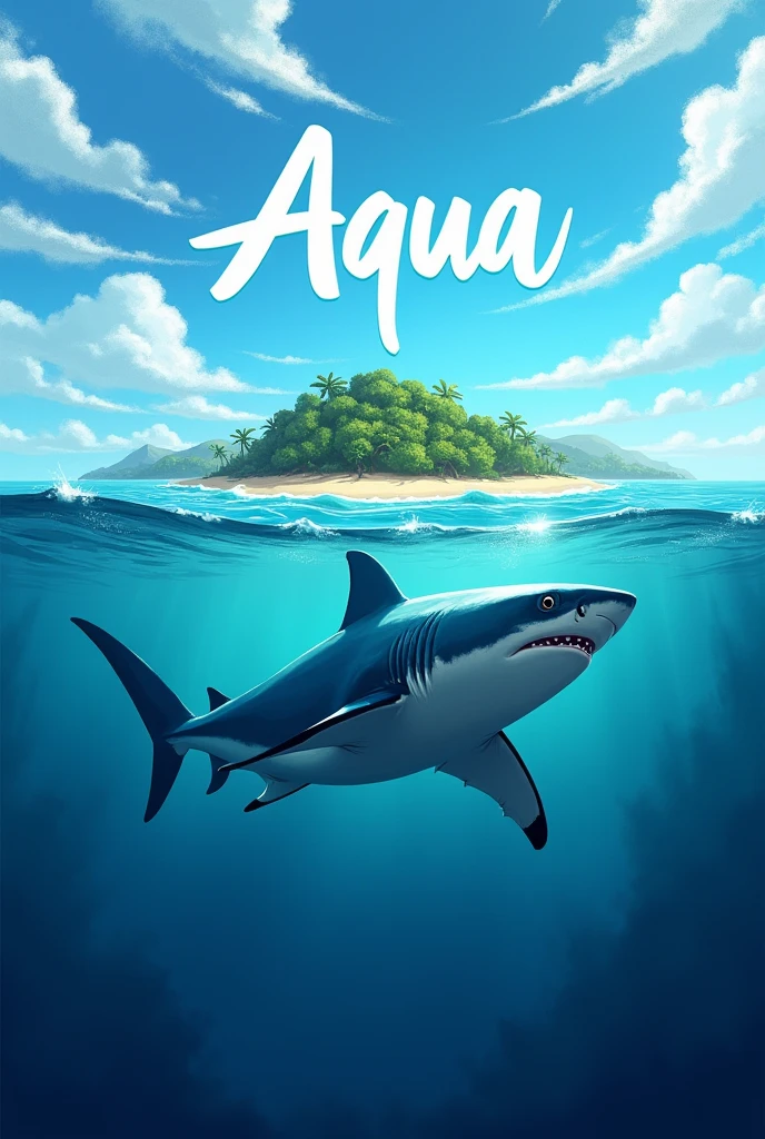 Fait moi une image qui rentre entièrement dans un photo de profil discord avec l'océan et un requin et un île avec marqué Aqua comme si s'était dessinée  