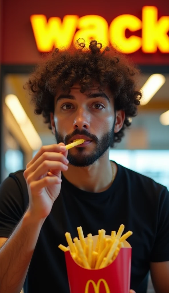 (masterpiece, best quality:1.2), (detailed, hyper-detailed, 8K HD, ultra-realistic:1.3), a close-up shot of a young man wearing a black T-shirt, with curly hair and a beard as seen in the provided image. The setting is a commercial for the fast-food restaurant "Wack," with a logo resembling McDonald's but featuring a "W". The man is holding a bag of fries with the "W" logo on it, and he is about to bring a fry to his mouth with his hand. The focus is on his face, capturing the moment filled with anticipation. The background features the warm and inviting lighting of a modern fast-food restaurant, with the "Wack" branding clearly visible. Emphasize the details of the scene, maintaining the expression and features faithful to the provided image. The image should be rendered in ultra-high resolution, with RAW photo quality, bringing out the details of the scene.
