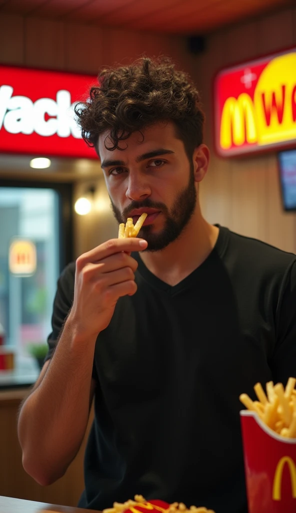 (masterpiece, best quality:1.2), (detailed, hyper-detailed, 8K HD, ultra-realistic:1.3), a close-up shot of a young man wearing a black T-shirt, with curly hair and a beard as seen in the provided image. The setting is a commercial for the fast-food restaurant "Wack," with a logo resembling McDonald's but featuring a "W". The man is holding a bag of fries with the "W" logo on it, and he is about to bring a fry to his mouth with his hand. The focus is on his face, capturing the moment filled with anticipation. The background features the warm and inviting lighting of a modern fast-food restaurant, with the "Wack" branding clearly visible. Emphasize the details of the scene, maintaining the expression and features faithful to the provided image. The image should be rendered in ultra-high resolution, with RAW photo quality, bringing out the details of the scene.