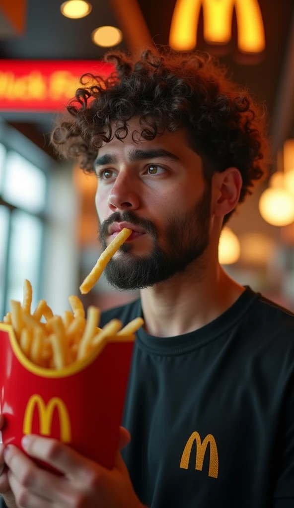 (masterpiece, best quality:1.2), (detailed, hyper-detailed, 8K HD, ultra-realistic:1.3), a close-up shot of a young man wearing a black T-shirt, with curly hair and a beard as seen in the provided image. The setting is a commercial for the fast-food restaurant "Wack," with a logo resembling McDonald's but featuring a "W". The man is holding a bag of fries with the "W" logo on it, and he is about to bring a fry to his mouth with his hand. The focus is on his face, capturing the moment filled with anticipation. The background features the warm and inviting lighting of a modern fast-food restaurant, with the "Wack" branding clearly visible. Emphasize the details of the scene, maintaining the expression and features faithful to the provided image. The image should be rendered in ultra-high resolution, with RAW photo quality, bringing out the details of the scene.