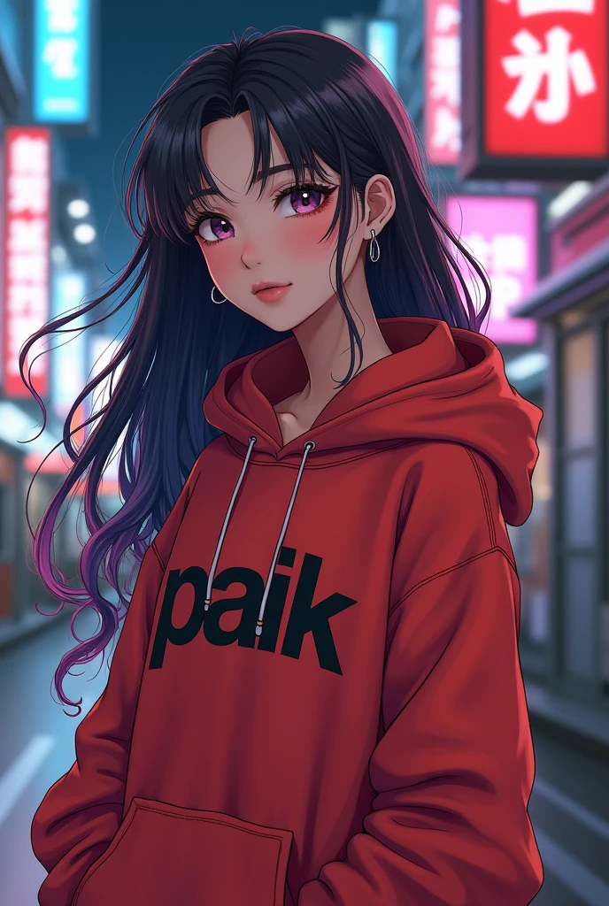 Create anime character;
{background: HD capital text: “GLBK” in right-top, night}, tanned skin,
realistic, HDR, beautiful, japan style, full body size, age 20, hoodie HD text: “Paik”, female, color Gradient hair, long hair